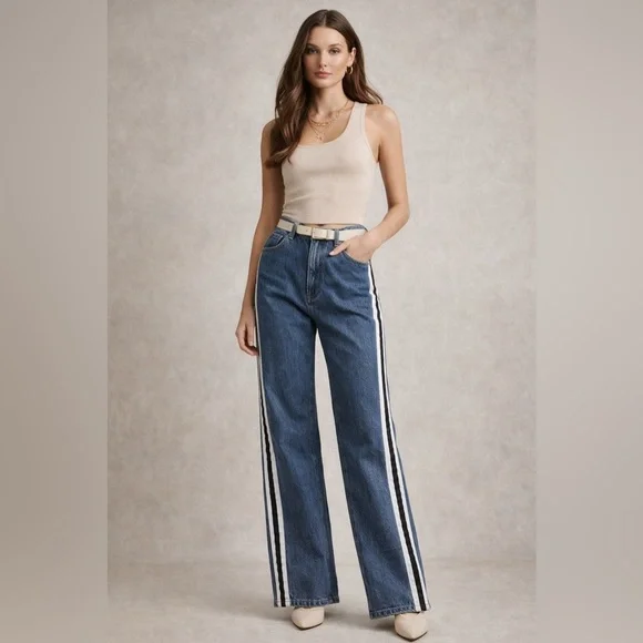 Vintage Denim with Black and White Stripes High Rise wife Leg Large NAVI - Picture 2 of 13